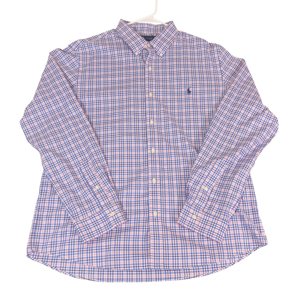 Polo Ralph Lauren Mens XXL Blue Pink Plaid Slim Fit Performance Untucked Shirt